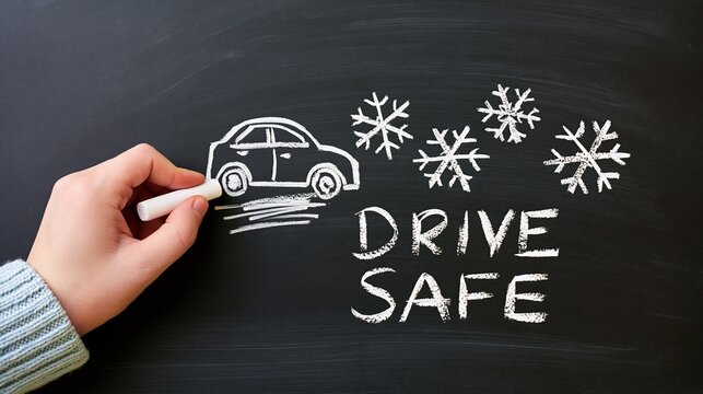 Human hand drawing a small car through dense snowflakes beside a drive safe message on blackboard, ideal for winter road safety, accident prevention and travel awareness.