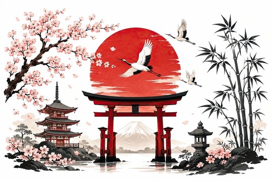 Japanese red torii gate with crane and sun in a pixel art style