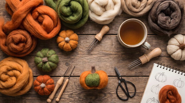 Cozy autumn needle felting workshop flat lay making wool pumpkins with tools and tea for Halloween