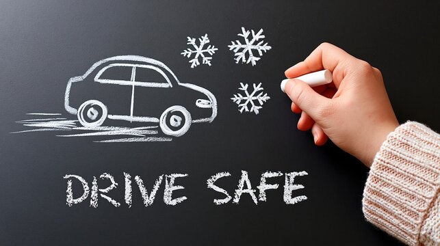 Human hand drawing snowflakes beside a car above a drive safe message on blackboard, ideal for winter road safety, safe driving and seasonal travel.