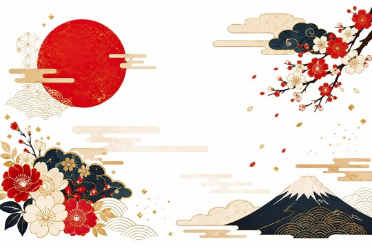 Traditional japanese art design with red sun and mount fuji landscape