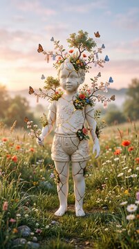 Kintsugi child statue blooming with flowers in a sunny meadow.