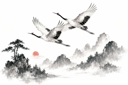 Two red crowned cranes flying over mountains in traditional ink style