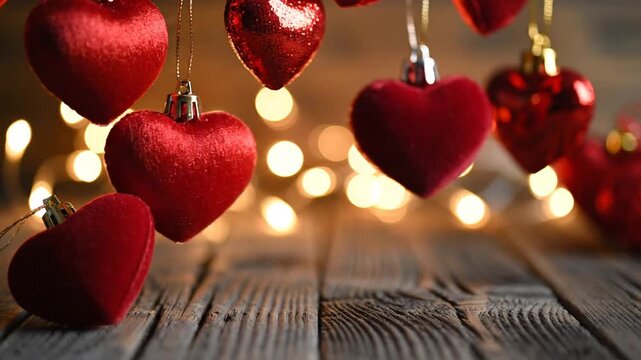 Red heart ornaments hanging over rustic wood with bokeh lights