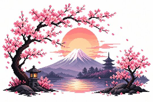 Pixel art of mount fuji with cherry blossom trees at sunset