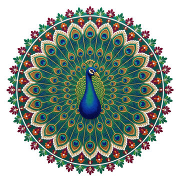 Peacock Motif Rangoli with Feather Patterns on Transparent Background