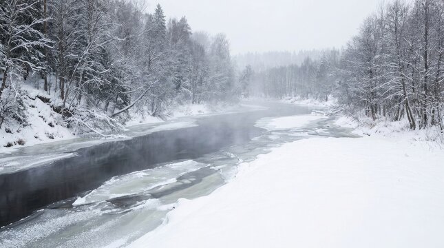 Frozen river winding through snow-covered forest in winter