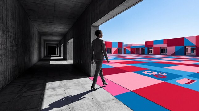 Businesswoman Walking Towards Colorful Creative Future