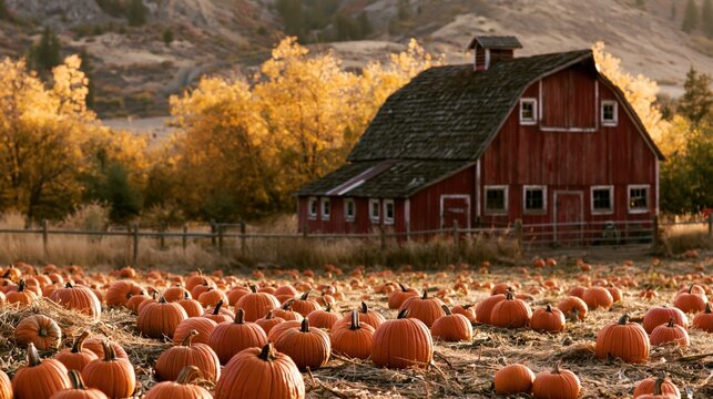 Large pumpkins sit in a field next to a weathered red barn during a sunny autumn afternoon