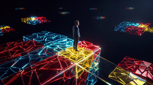 Businessman Standing on Glowing Futuristic Platforms in Metaverse