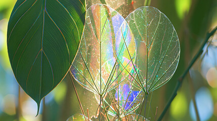 Naklejka premium Colorful Sunlight Filtering Through Translucent Leaves Creating Sparkling Rainbow Effect