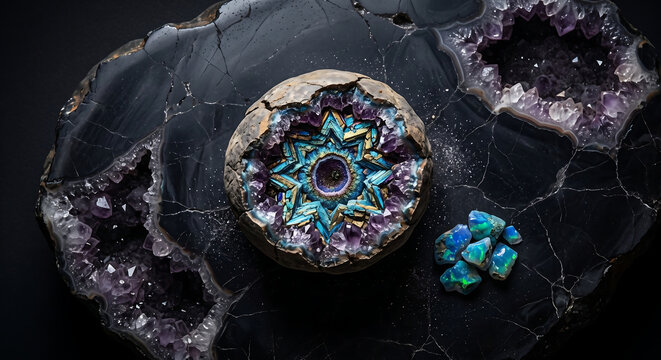 Purple amethyst crystal and blue opal stones on black stone illustration