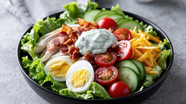 Fresh Cobb salad topped with creamy dressing prepared on a stainless steel kitchen table