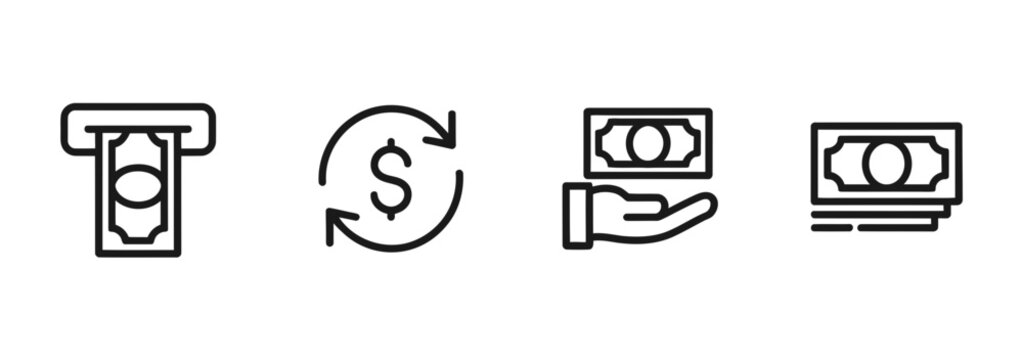 A collection of financial transactions line icons depicting atm withdrawals currency exchanges payments and various money transfer methods for banking and finance concepts