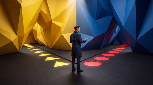 Businessman Standing at Crossroads Choosing Between Two Distinct Paths