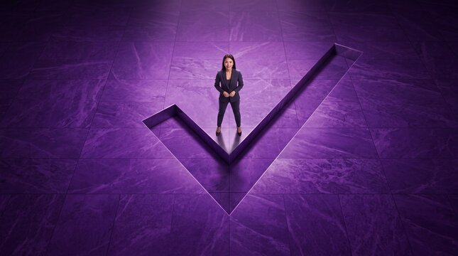 Businesswoman Standing on Giant Checkmark Symbol