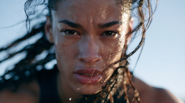 Sweaty Female Athlete Looking at Camera During Intense Workout