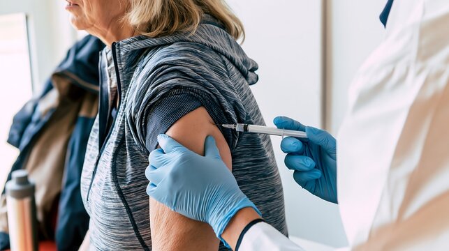 Healthcare professional giving an injection to an older woman, illustrating senior vaccination, preventive medicine and healthy aging for adult immunization and health content