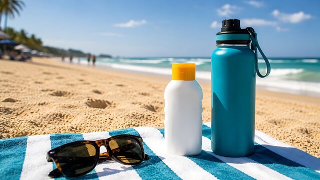 Beach essentials sunglasses, sunscreen bottle, and water bottle on towel, ocean waves and sand in background, sunny day vacation.