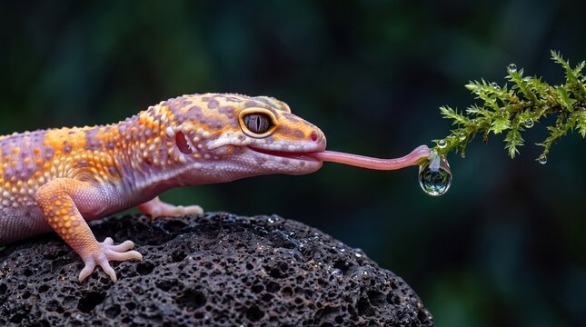 Leopard Gecko Licking Water Droplet from Moss