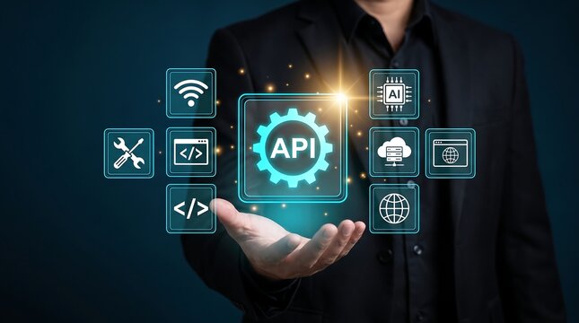 Businessman holding virtual API interface with AI and cloud technology icons for software development and integration.