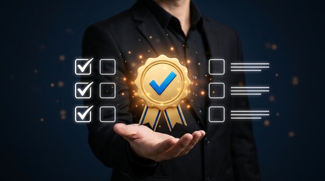 Businessman holding gold quality seal certification icon with digital checklist for business guarantee and standard goal.