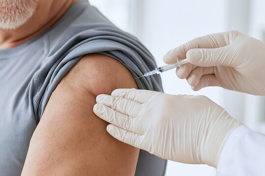 Healthcare professional administering an upper arm injection to an older man, illustrating senior vaccination, adult immunization and preventive healthcare for healthy aging content