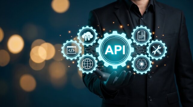 API Software Integration Technology Background with Businessman Holding Digital Gears for Web Development Website Banner