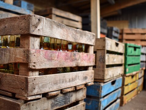Wooden crates containing craft cider bottles are neatly stacked in a rustic barn setting