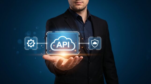 Businessman holding glowing API cloud technology interface for software development security and digital integration web