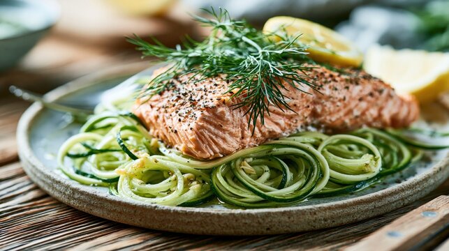 Fresh salmon with dill and lemon on zucchini noodles prepared for a healthy evening meal