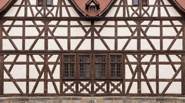 Half Timbered House Facade with Traditional Wooden Architecture