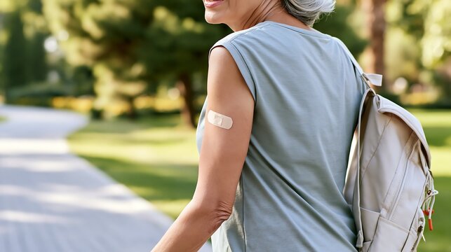Older woman walking outdoors with a bandage on her upper arm after vaccination, representing adult immunization, preventive healthcare and active healthy aging