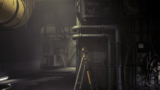 Dim service walkway under dense piping grid, exposed conduits and cable bundles, ladder propped against wall, low key industrial drama with dust and silence