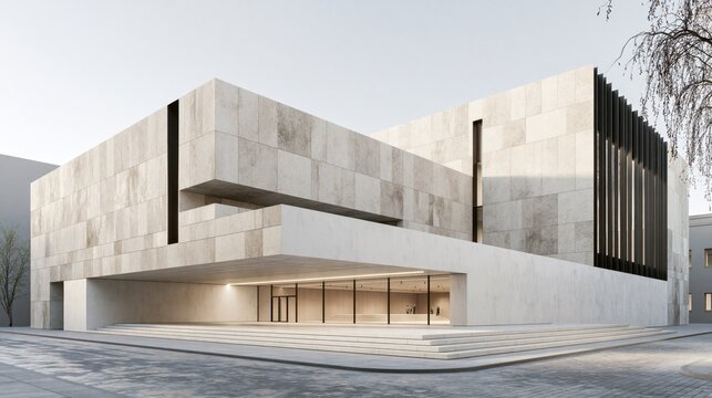 Minimalist stone building with geometric design and recessed glass entrance in a city square