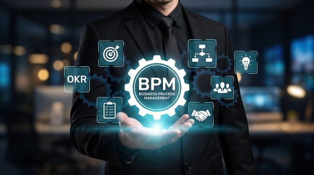 BPM Business Process Management concept with businessman holding futuristic digital interface for workflow optimization.