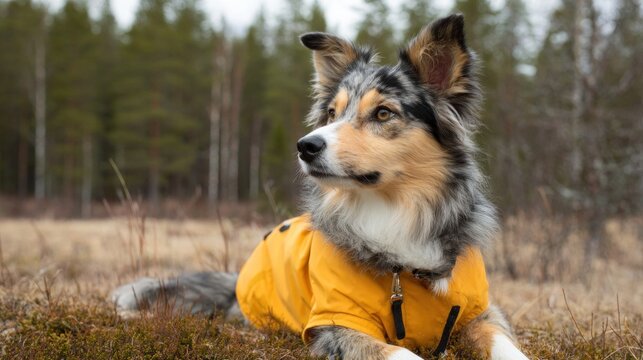 Dog resting in a yellow raincoat while lying on the grass in a spring forest setting