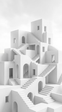 White minimalist labyrinth featuring complex stairs and surreal arches.