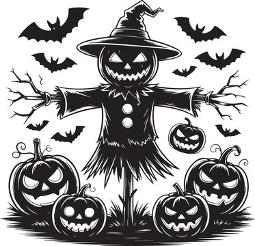Halloween scarecrow illustration with pumpkins and bats black and white design