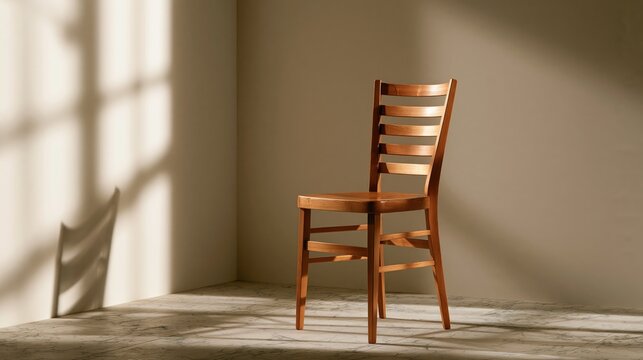 Minimalist wooden chair captured with warm natural light in a quiet room setting