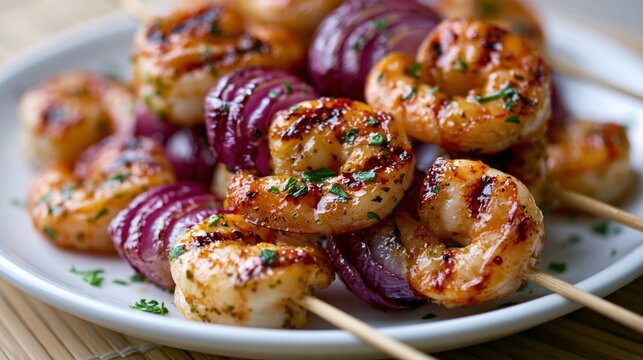 Fresh grilled shrimp and red caramelized onions on skewers prepared for a delicious meal