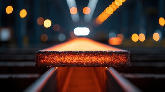 Glowing molten metal moves slowly along the production line inside a busy heavy steel factory