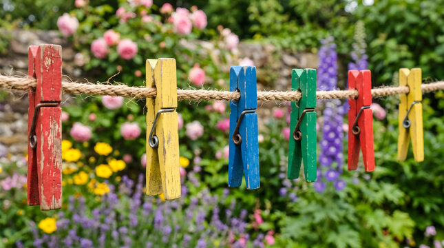 Colorful wooden clothespins clipped on a rustic rope clothesline.