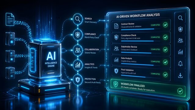 AI intelligence engine interface displaying automated workflow analysis and smart contract review dashboard with compliance validation
