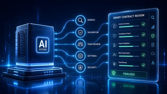 Artificial intelligence system interface performing smart contract review with automated validation and final compliance checks