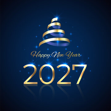 2027, 27 Happy New Year. Shiny golden 2027 with Christmas tree. New Year design for invitation, greeting card, calendar. Shiny gold logo, ribbon. Holiday greeting card. Party event decoration, vector