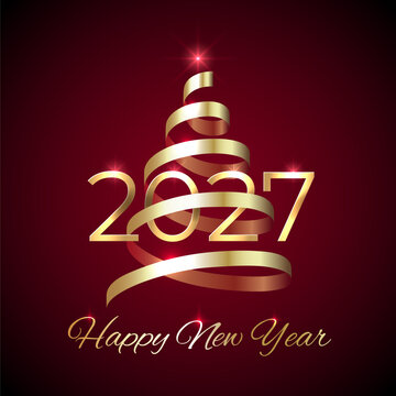 2027, 27 Happy New Year. Shiny golden 2027 with Christmas tree. New Year design for invitation, greeting card, calendar. Shiny gold logo, ribbon. Holiday greeting card. Party event decoration, vector