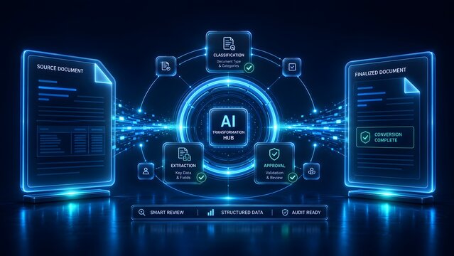 Digital artificial intelligence transformation hub interface processing source document extraction classification and finalized approval workflow