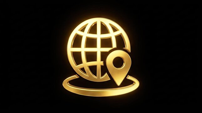 Glowing golden globe icon with location pin.