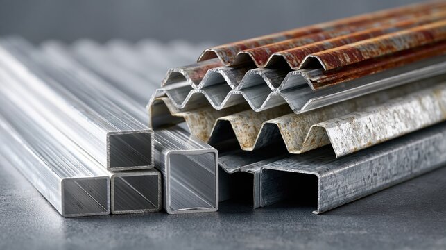 Metal square tubes and corrugated sheets on a workshop floor